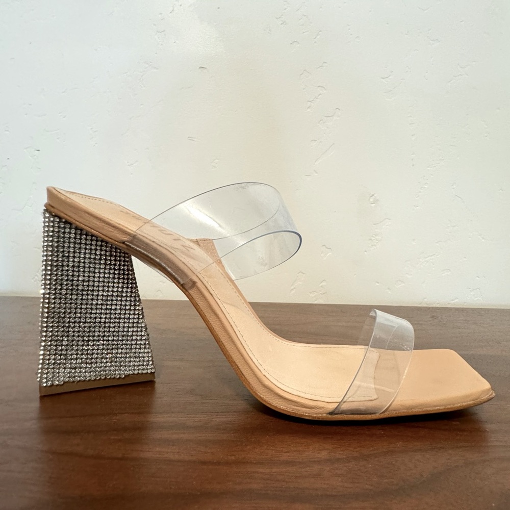Schutz Arielle Crystal Suede Clear Heeled Sandals size 7.5